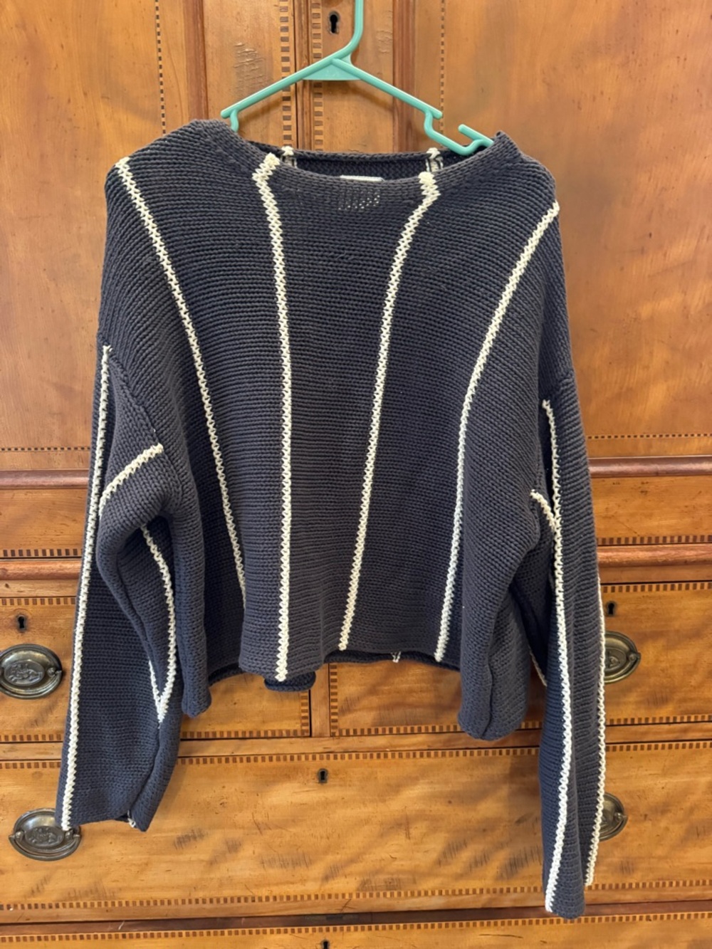 Zulu & Zephyr Navy Cropped Crewneck Sweater with Cream Stripes